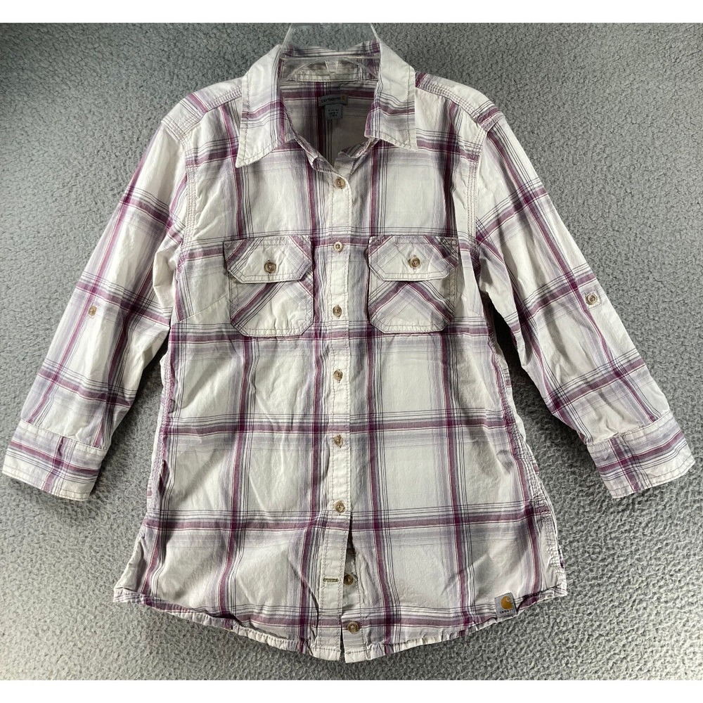 Carhartt Shirt Women's Small 4/6 Purple Plaid Western 3/4 Roll Tab‎ Sleeve